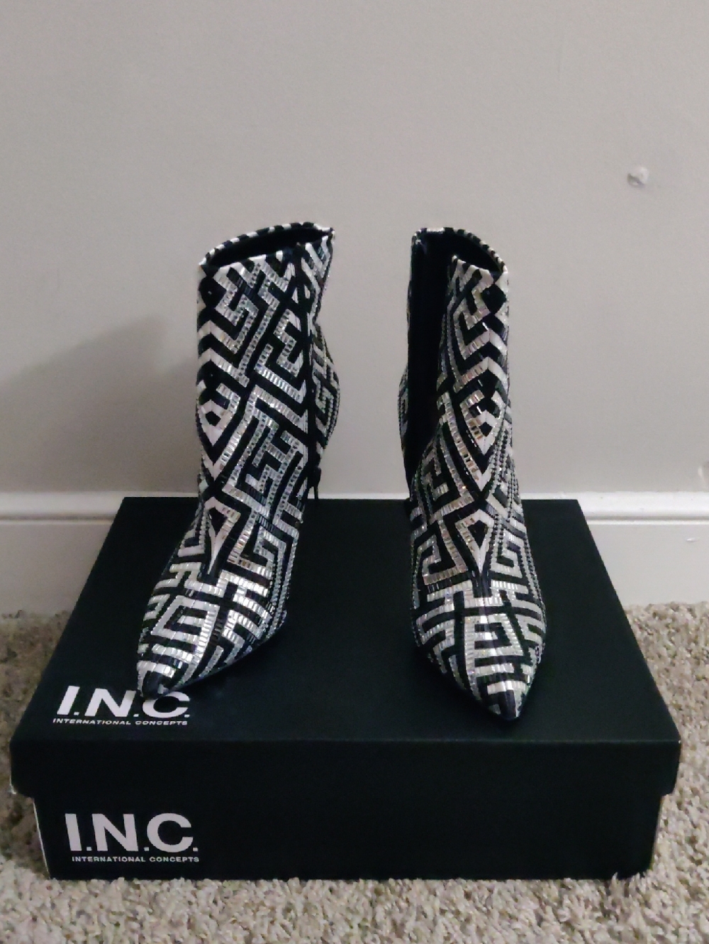 INC International Concepts Black and Silver Geometric Pointed Ankle Boots